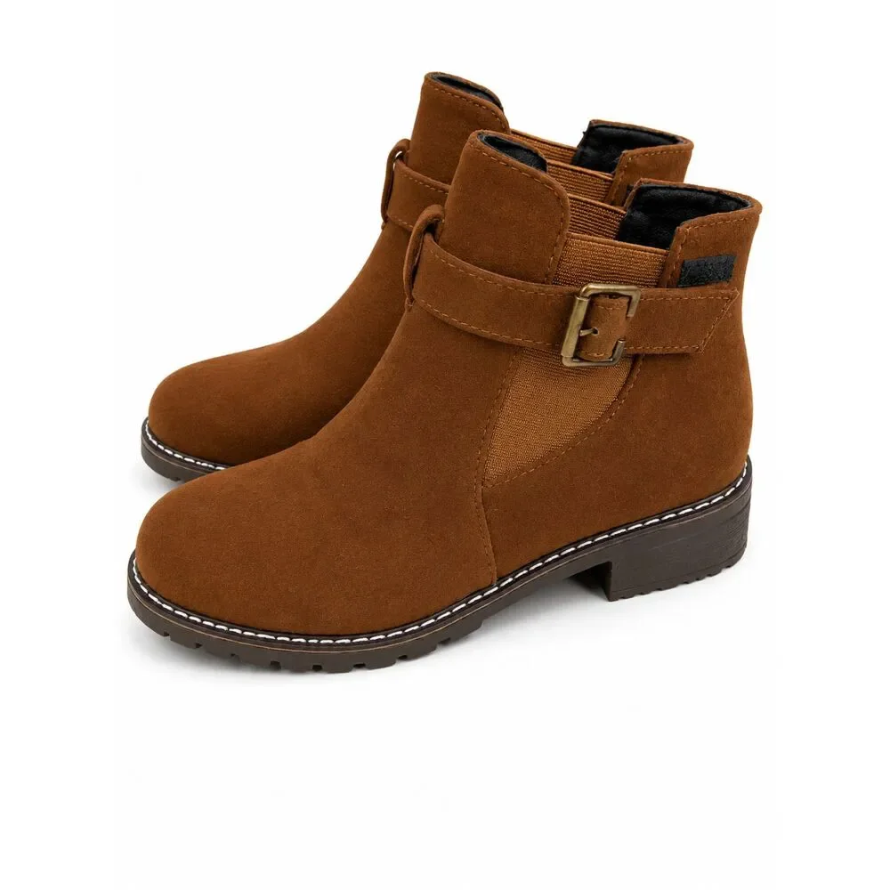 NWOT Vintage Brown Faux Suede Ankle Boots Buckle Strap Low Block Heel Booties